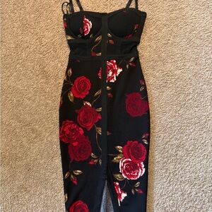 Material Girl Black Midi Dress with Red Rose Print